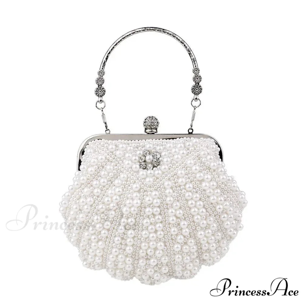 Pearl Beaded Evening Clutch Bag with Chain white clutchbag-250126