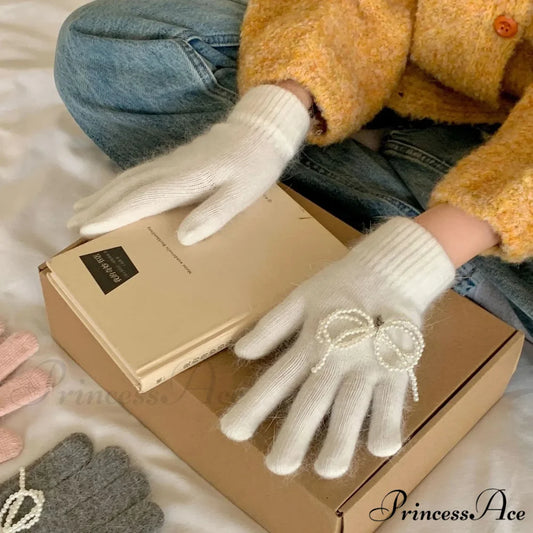 Pearl Bow Knot Winter Wool Furry Thickened Warm Soft Y2k Lolita Cosplay Christmas Gloves
