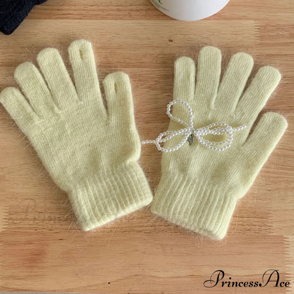 Pearl Bow Knot Winter Wool Furry Thickened Warm Soft Y2k Lolita Cosplay Christmas Gloves