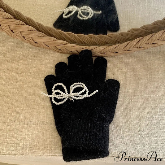 Pearl Bow Knot Winter Wool Furry Thickened Warm Soft Y2k Lolita Cosplay Christmas Gloves Black