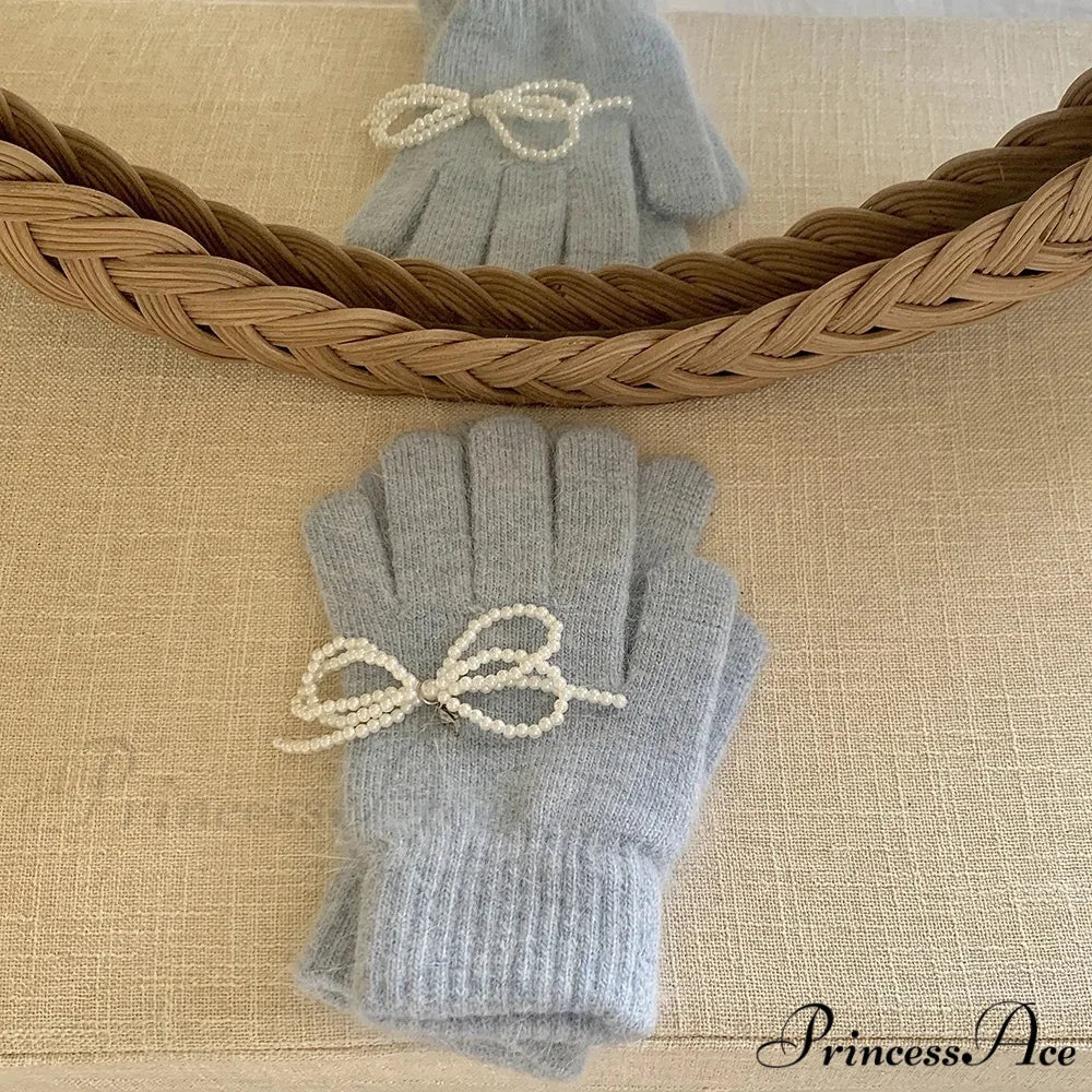 Pearl Bow Knot Winter Wool Furry Thickened Warm Soft Y2k Lolita Cosplay Christmas Gloves Blue