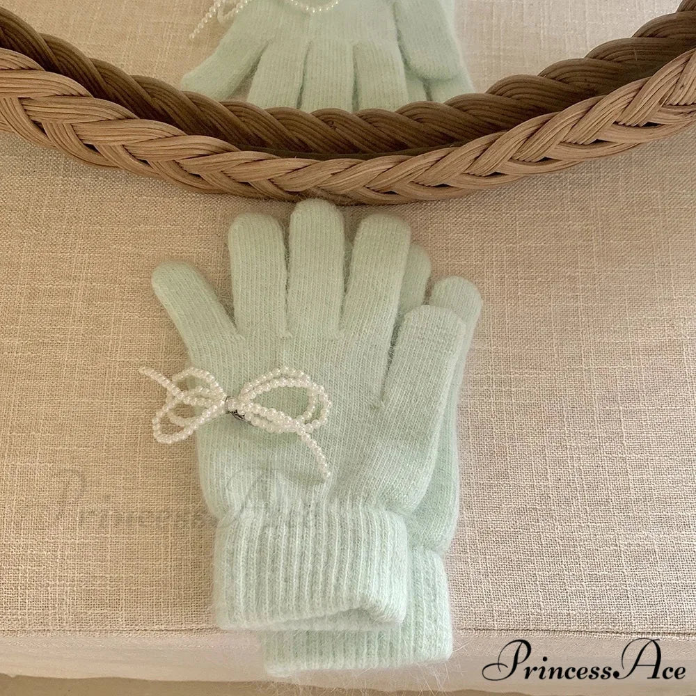 Pearl Bow Knot Winter Wool Furry Thickened Warm Soft Y2k Lolita Cosplay Christmas Gloves Green