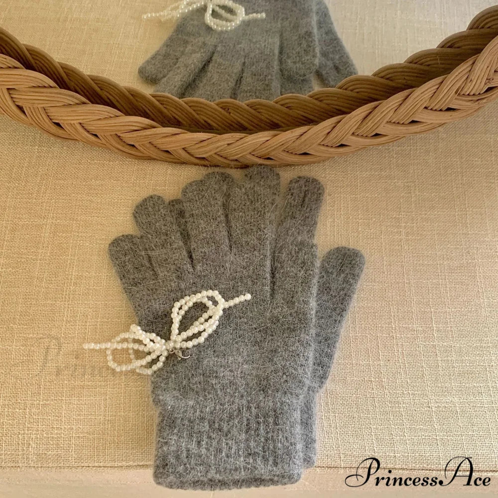 Pearl Bow Knot Winter Wool Furry Thickened Warm Soft Y2k Lolita Cosplay Christmas Gloves Grey