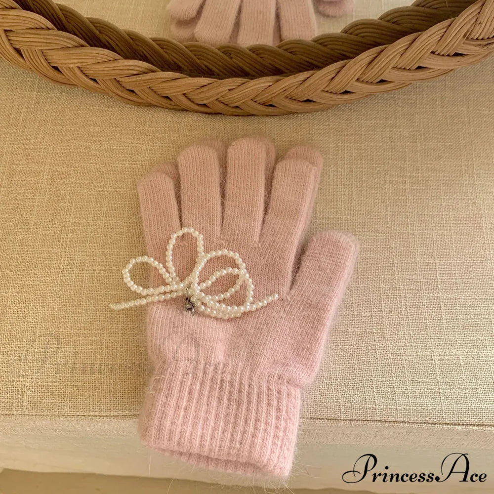 Pearl Bow Knot Winter Wool Furry Thickened Warm Soft Y2k Lolita Cosplay Christmas Gloves Pink