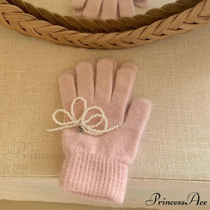 Pearl Bow Knot Winter Wool Furry Thickened Warm Soft Y2k Lolita Cosplay Christmas Gloves Pink