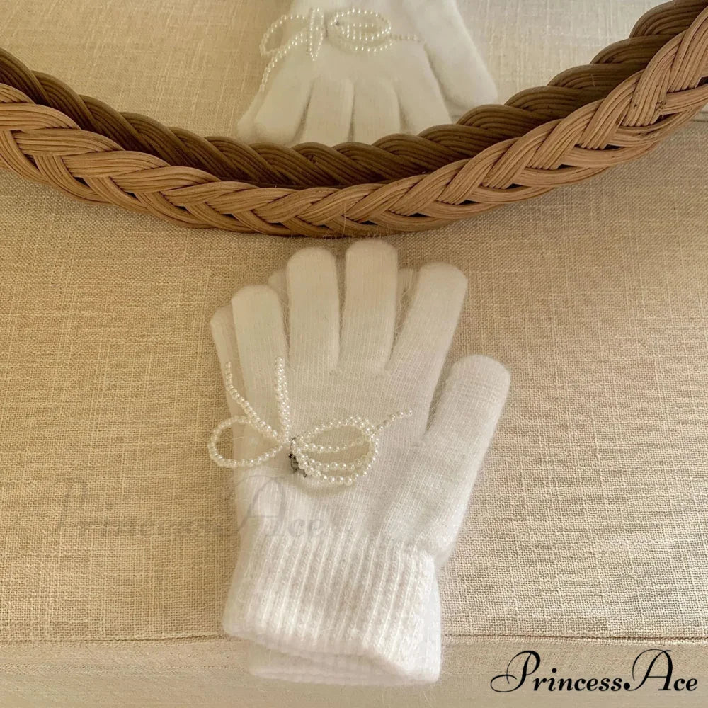 Pearl Bow Knot Winter Wool Furry Thickened Warm Soft Y2k Lolita Cosplay Christmas Gloves White