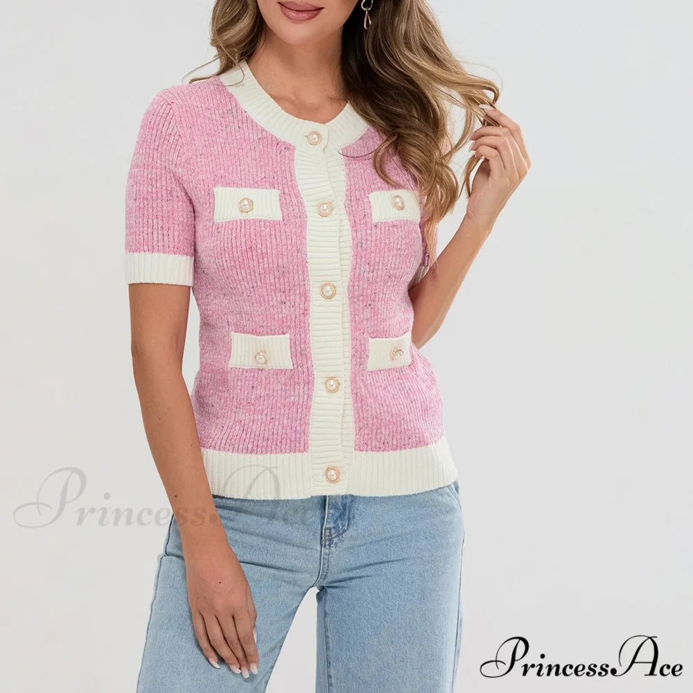 Pearl Button Short Sleeve Cardigan pink / S