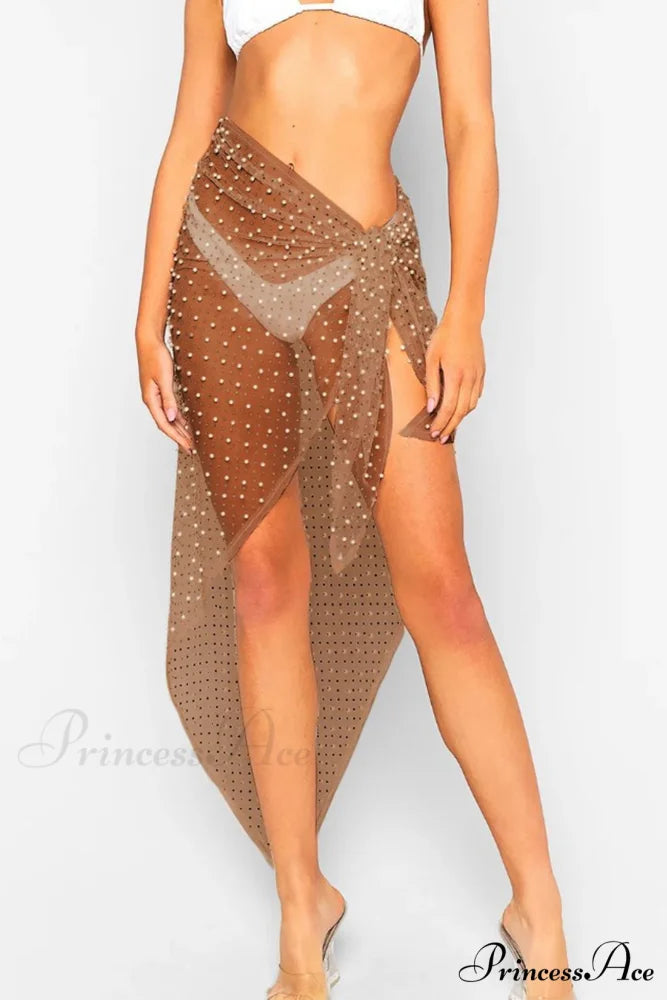 Pearl Mesh Tie Up Midi Skirt Coffee（Ship After April） / One Size