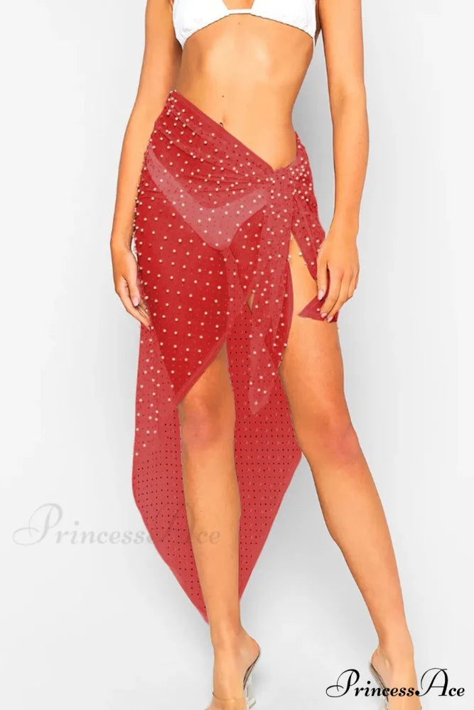 Pearl Mesh Tie Up Midi Skirt Red（Ship After April） / One Size