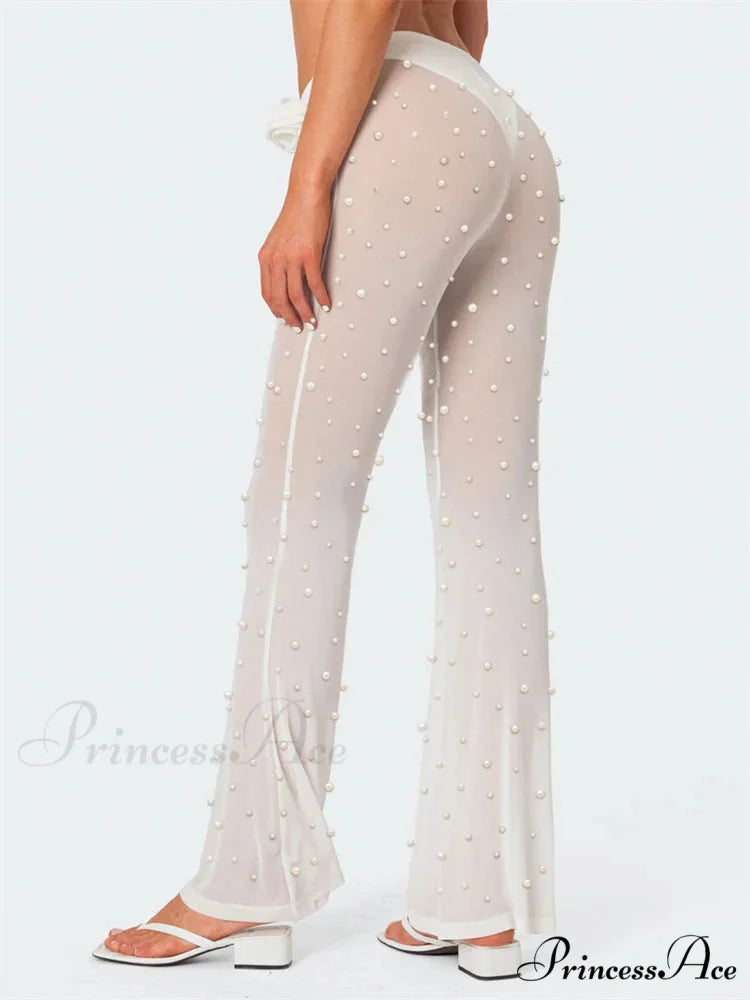 Pearl Patchwork Mesh Transparent Elastic Waist Pant pant-250223