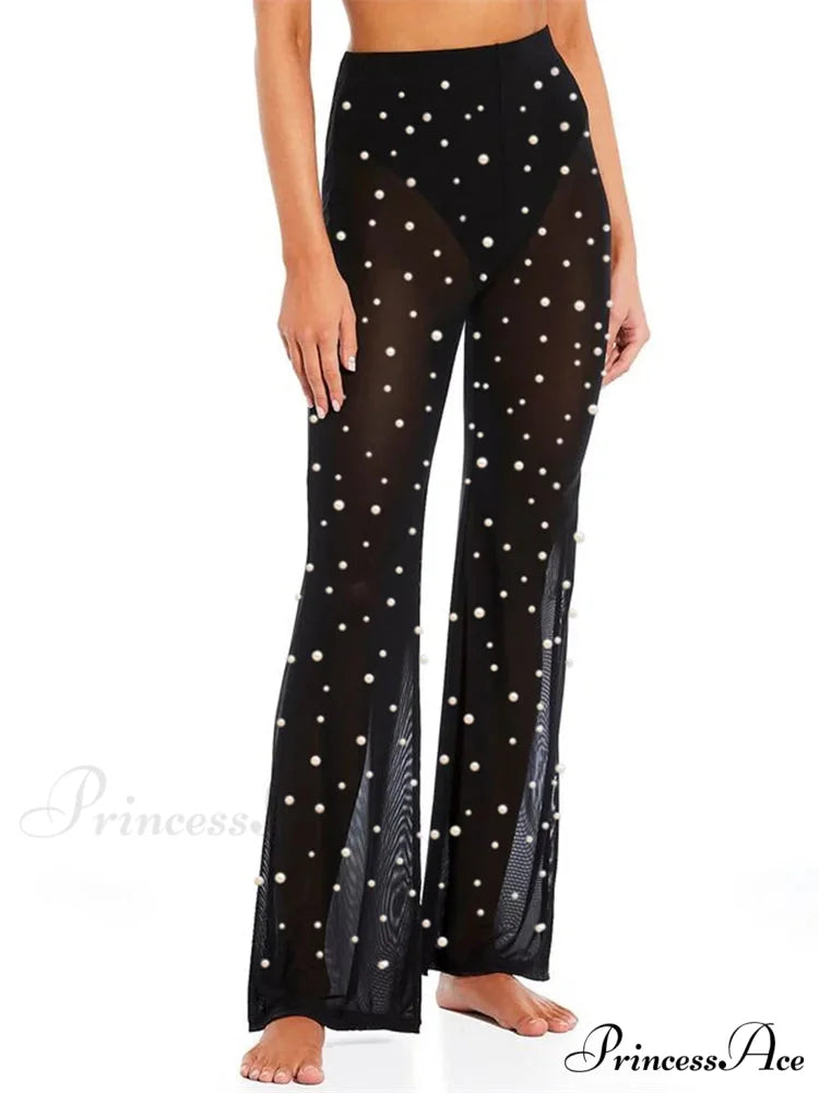 Pearl Patchwork Mesh Transparent Elastic Waist Pant BLACK / S pant-250223