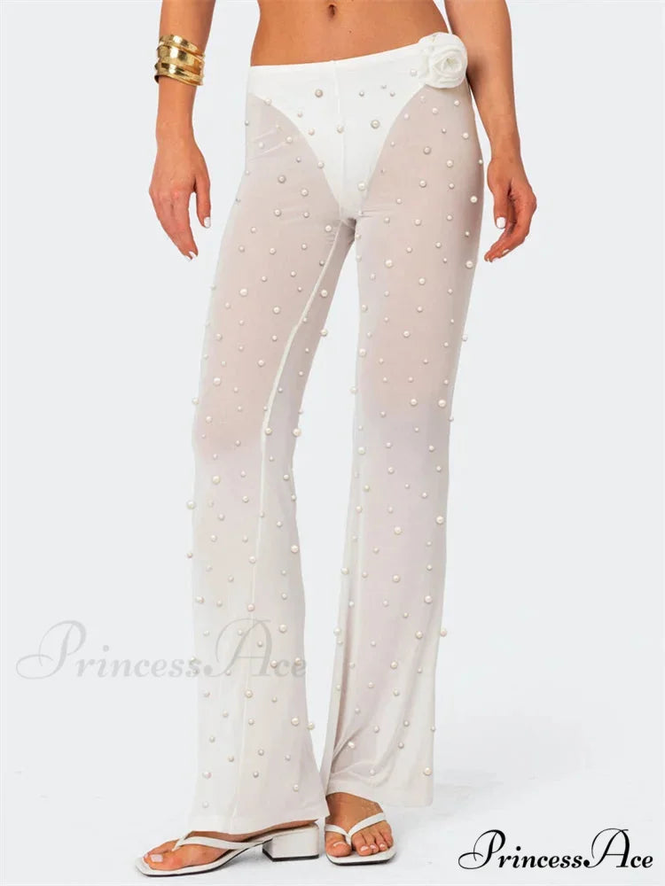 Pearl Patchwork Mesh Transparent Elastic Waist Pant WHITE / S pant-250223