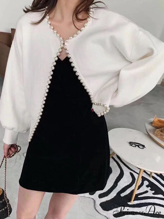 Pearl Trim O-neck Knit Cardigan white / S