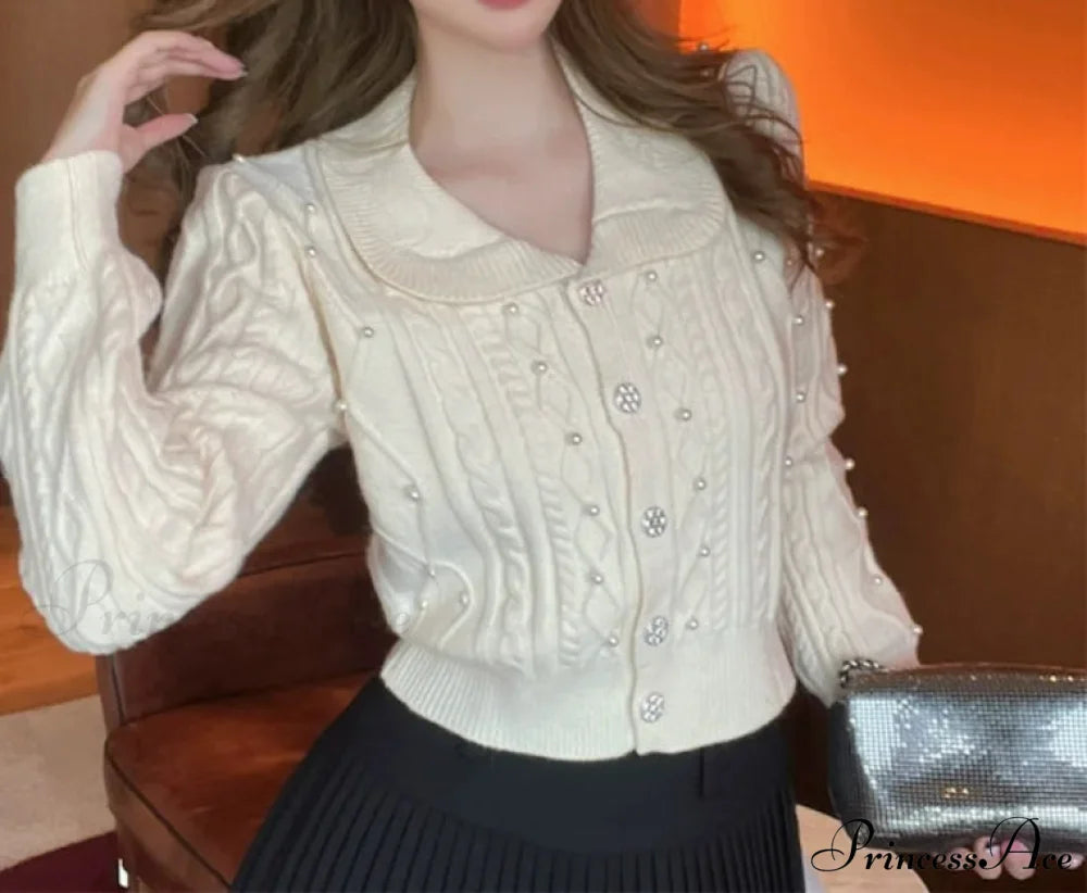 Pearl Turn Down Collar Cardigan white / One Size