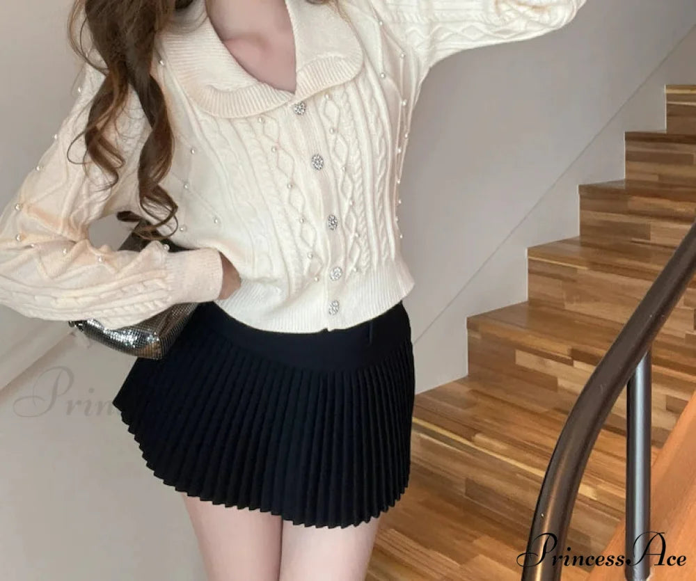 Pearl Turn Down Collar Cardigan white / One Size