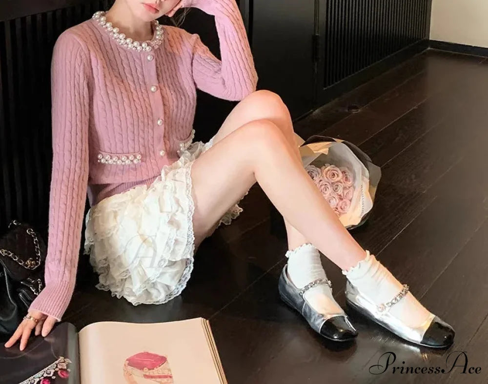 Pearls Button O-neck Cardigan Pink / One Size