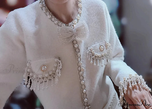 Pearls Tassels Fringed Bow Cardigan