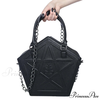 Pentagram Punk Darkness Gothic Soft Leather High Quality Chain Bag Black / (30cm