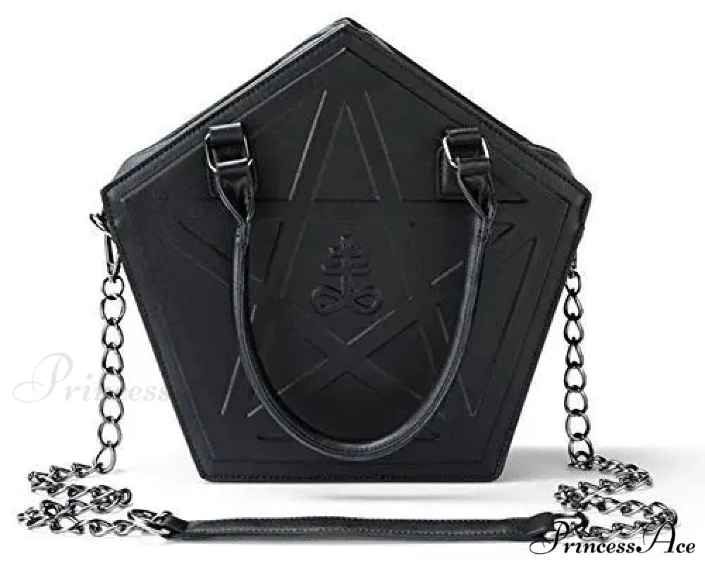 Pentagram Punk Darkness Gothic Soft Leather High Quality Chain Bag Black / (30cm