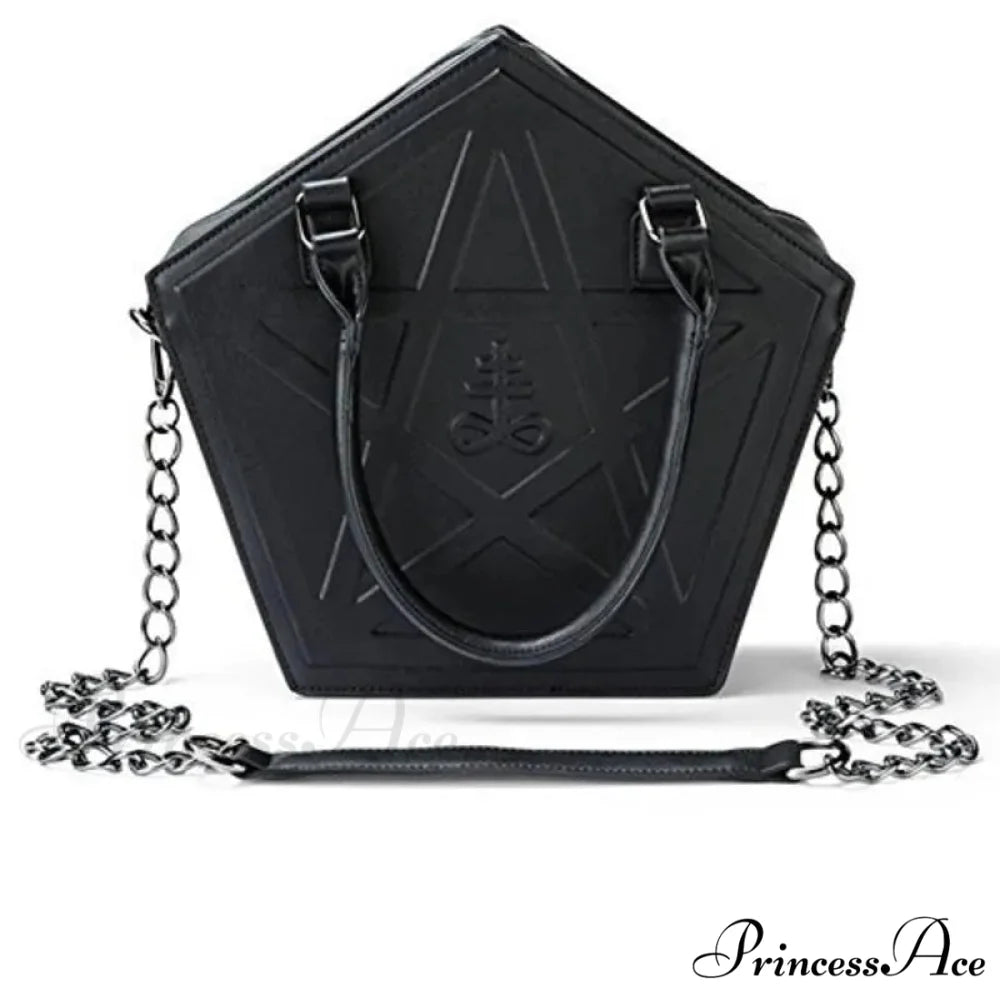 Pentagram Punk Darkness Gothic Soft Leather High Quality Chain Bag Black / (30cm