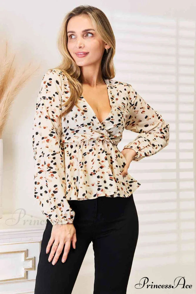 Peplum Plunge Patterned Tied Blouse