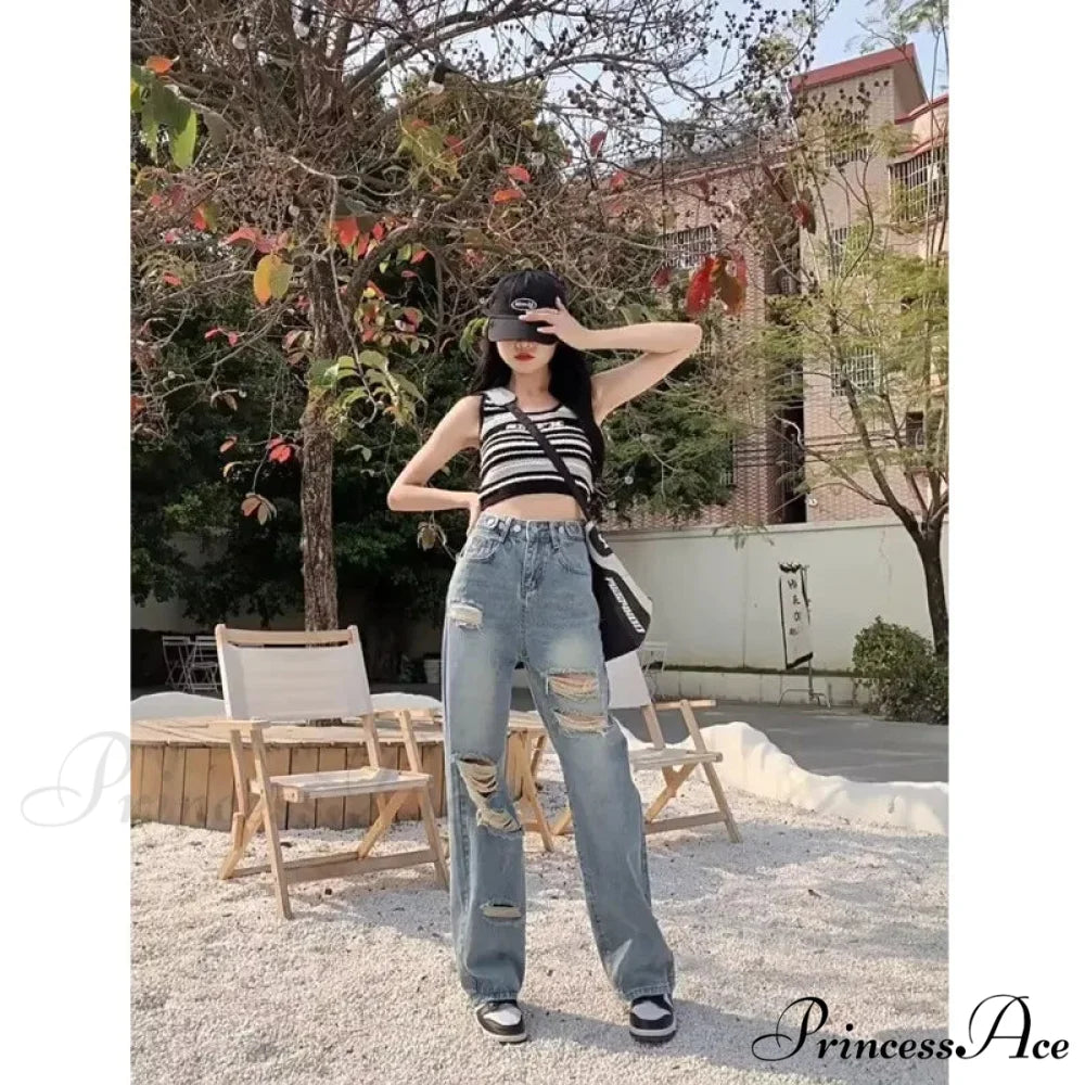 Perforated Jean Pear-Shaped Figure High Waist Straight Tube Loose Fitting Wide Leg Pants Small Stature Thin Summer