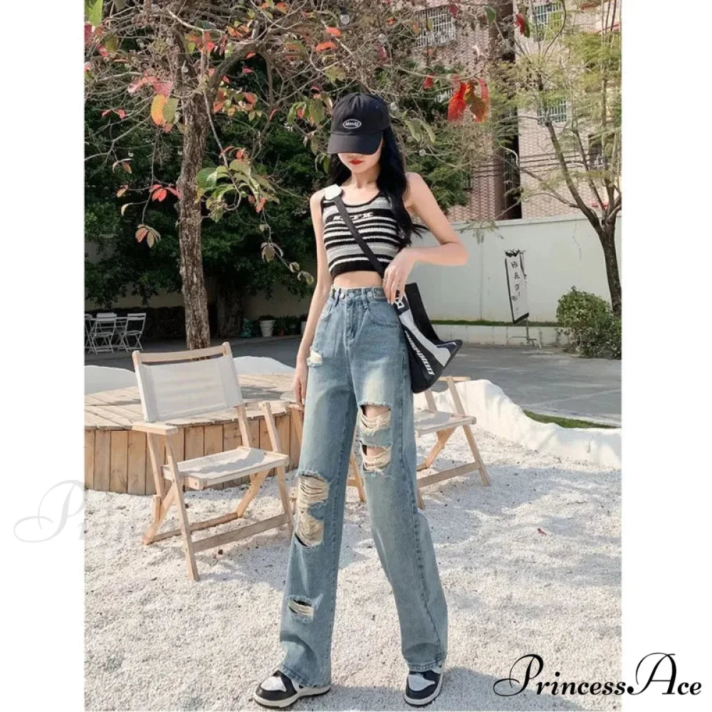 Perforated Jean Pear-Shaped Figure High Waist Straight Tube Loose Fitting Wide Leg Pants Small Stature Thin Summer