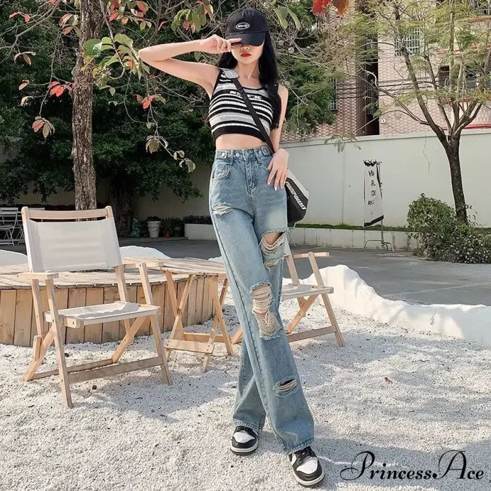 Perforated Jean Pear-Shaped Figure High Waist Straight Tube Loose Fitting Wide Leg Pants Small Stature Thin Summer