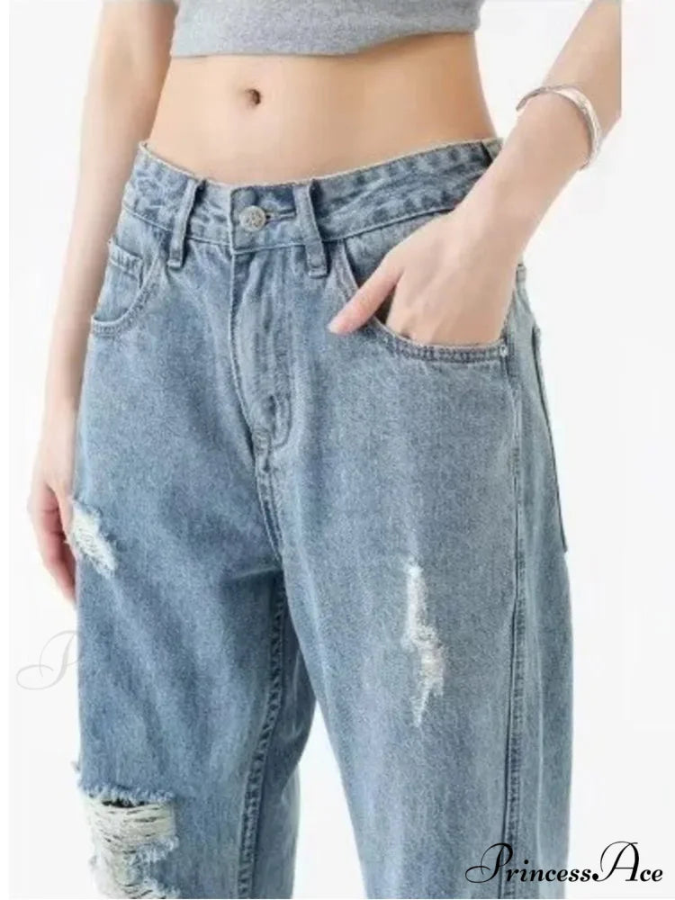 Perforated Jean Summer Thin High Street Trendy Brand Handsome And Loose Fitting Straight Casual Sports Pants Women’s