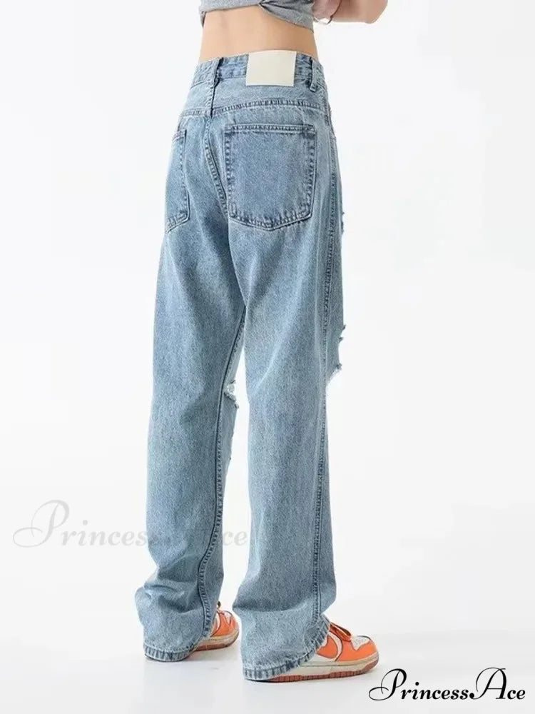 Perforated Jean Summer Thin High Street Trendy Brand Handsome And Loose Fitting Straight Casual Sports Pants Women’s