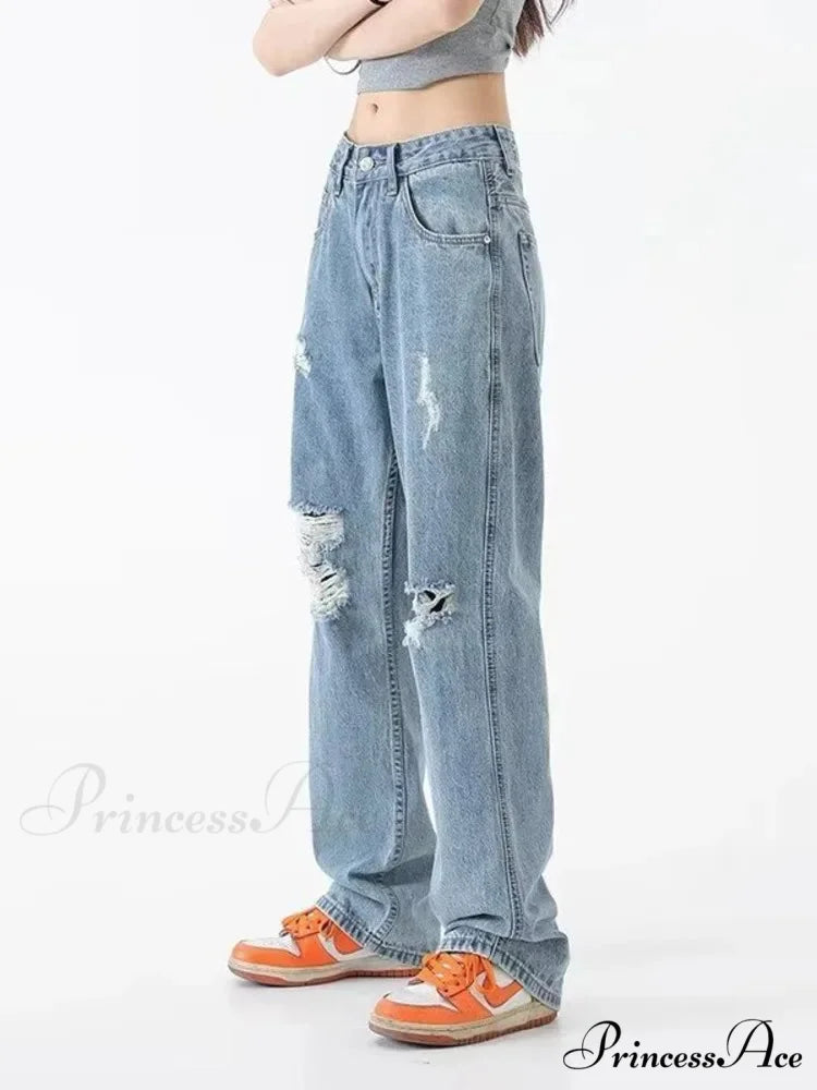 Perforated Jean Summer Thin High Street Trendy Brand Handsome And Loose Fitting Straight Casual Sports Pants Women’s