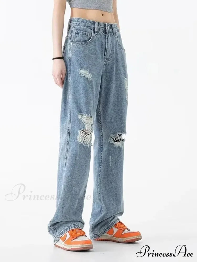 Perforated Jean Summer Thin High Street Trendy Brand Handsome And Loose Fitting Straight Casual Sports Pants Women’s