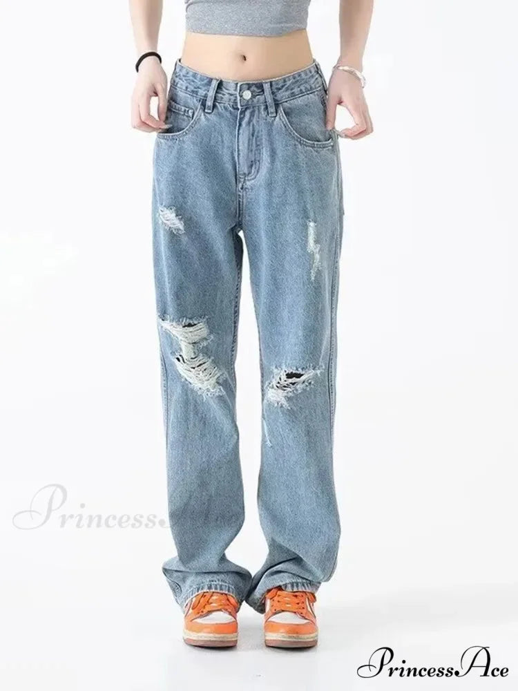 Perforated Jean Summer Thin High Street Trendy Brand Handsome And Loose Fitting Straight Casual Sports Pants Women’s
