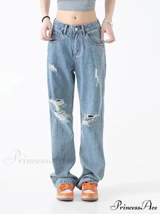 Perforated Jean Summer Thin High Street Trendy Brand Handsome And Loose Fitting Straight Casual Sports Pants Women’s