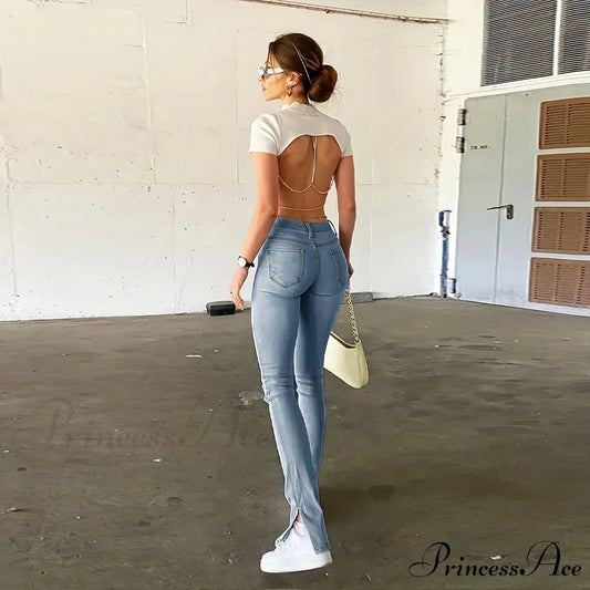 Perforated slim fit leg slit denim Jean Blue / 26