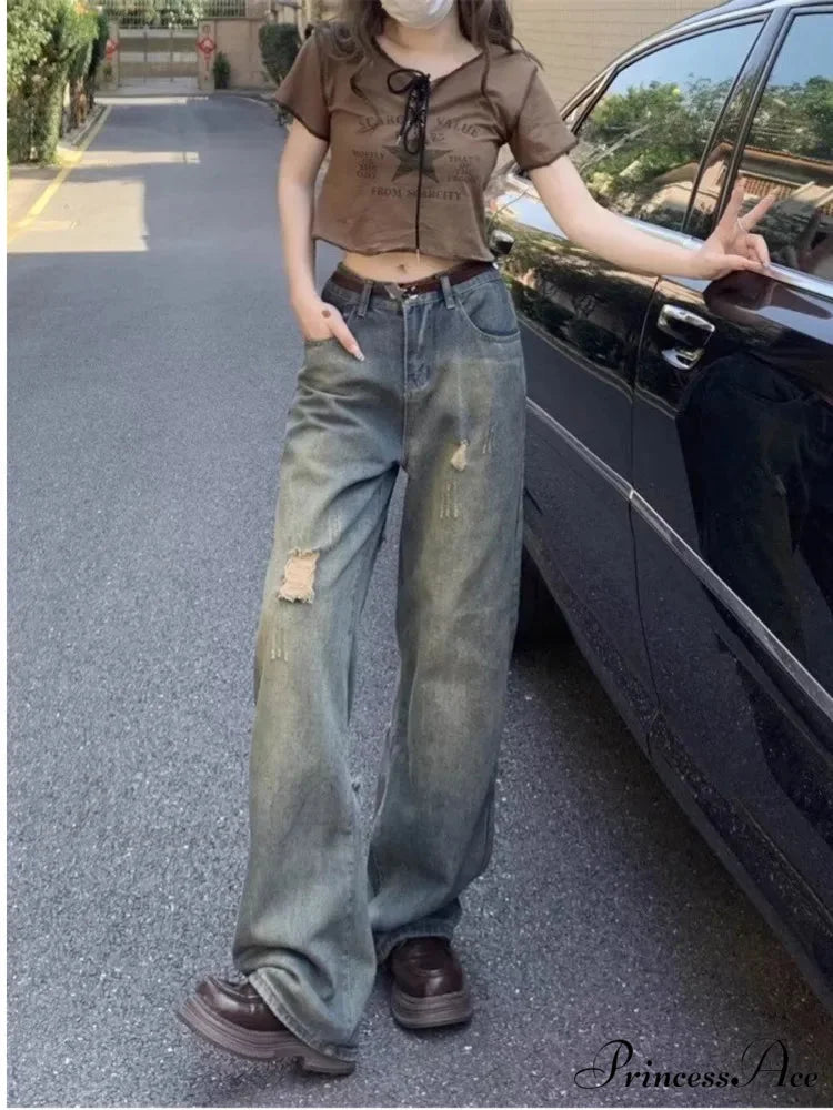 Perforated Summer Loose Straight Leg Niche Stitching Old Beggar Fashion Jean