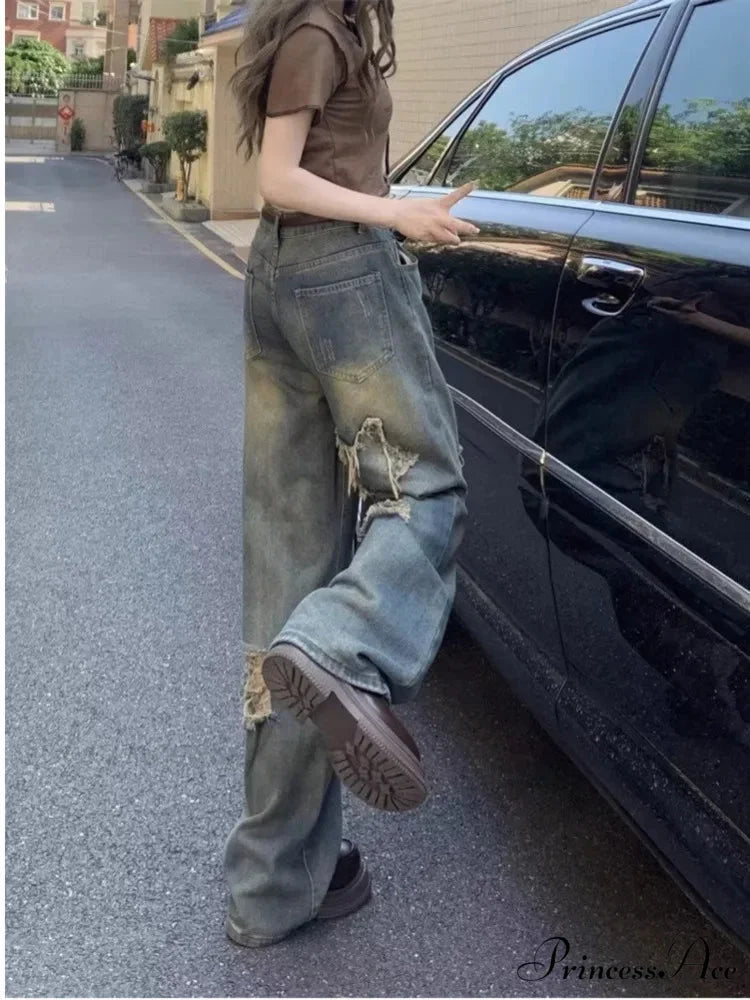 Perforated Summer Loose Straight Leg Niche Stitching Old Beggar Fashion Jean