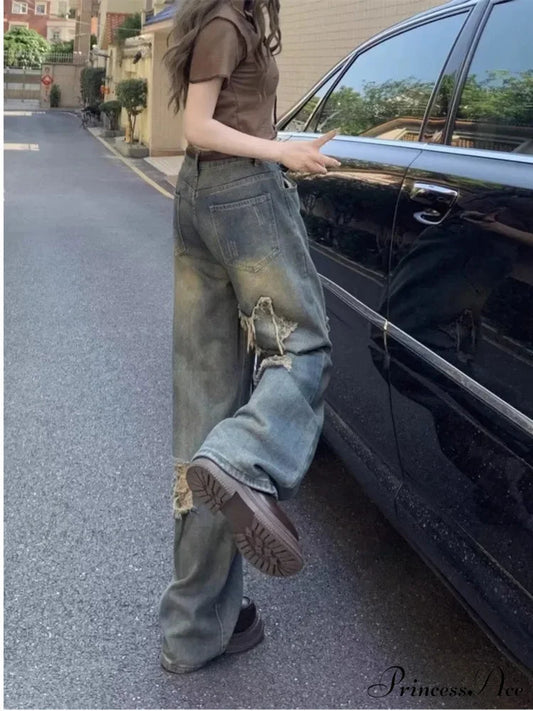 Perforated Summer Loose Straight Leg Niche Stitching Old Beggar Fashion Jean
