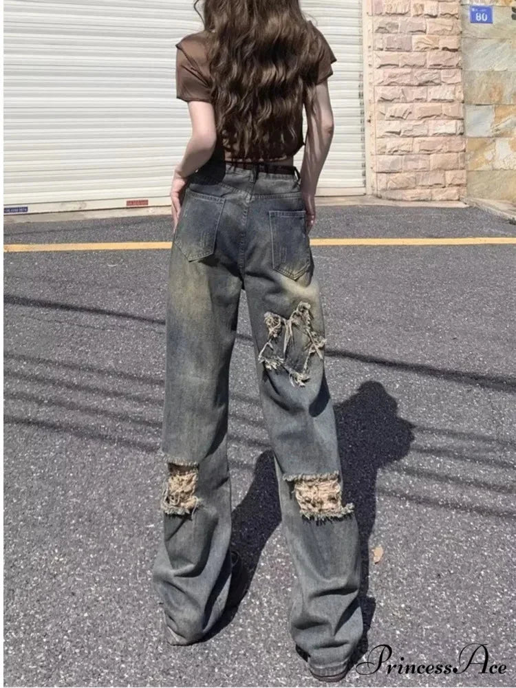 Perforated Summer Loose Straight Leg Niche Stitching Old Beggar Fashion Jean