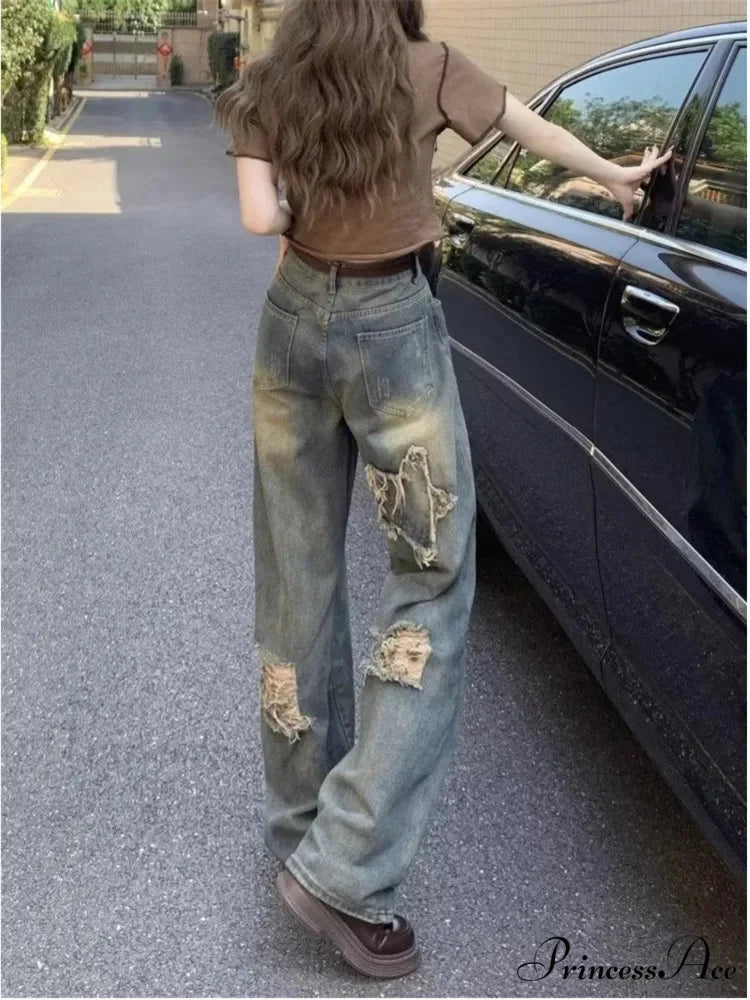 Perforated Summer Loose Straight Leg Niche Stitching Old Beggar Fashion Jean Blue / S