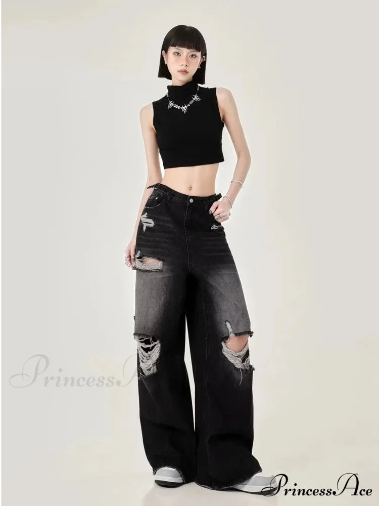 Perforated Women’s Summer New INS Fashion Brand Straight Tube Loose Sweeping High Street Jean