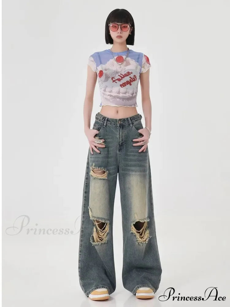 Perforated Women’s Summer New INS Fashion Brand Straight Tube Loose Sweeping High Street Jean