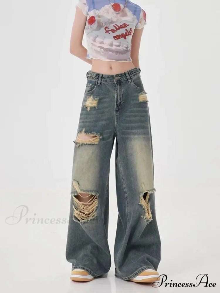 Perforated Women’s Summer New INS Fashion Brand Straight Tube Loose Sweeping High Street Jean Blue / S