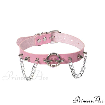 Personality O-ring Rivet Chain PU Necklace PINK