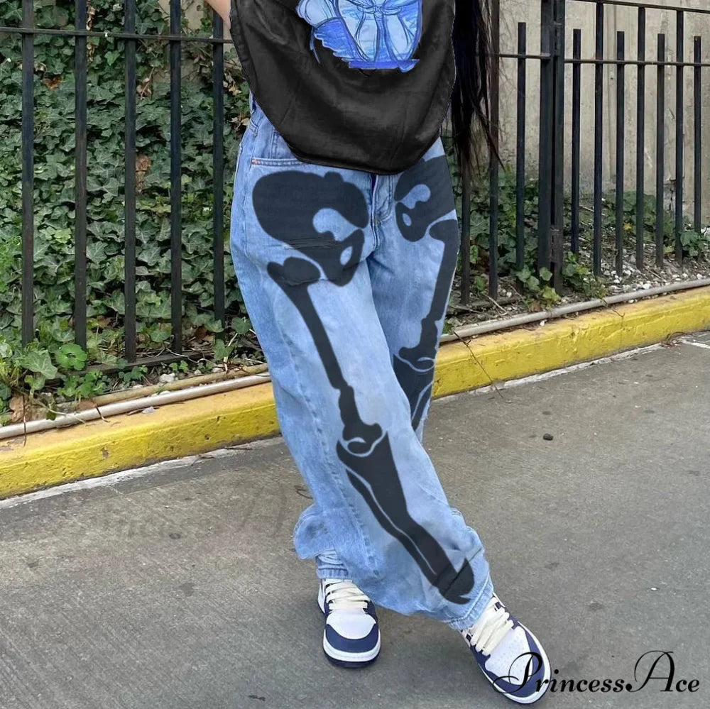 Personality Skull Print High Waist Straight Leg Slouchy American Street Y2K Jean Light blue / S