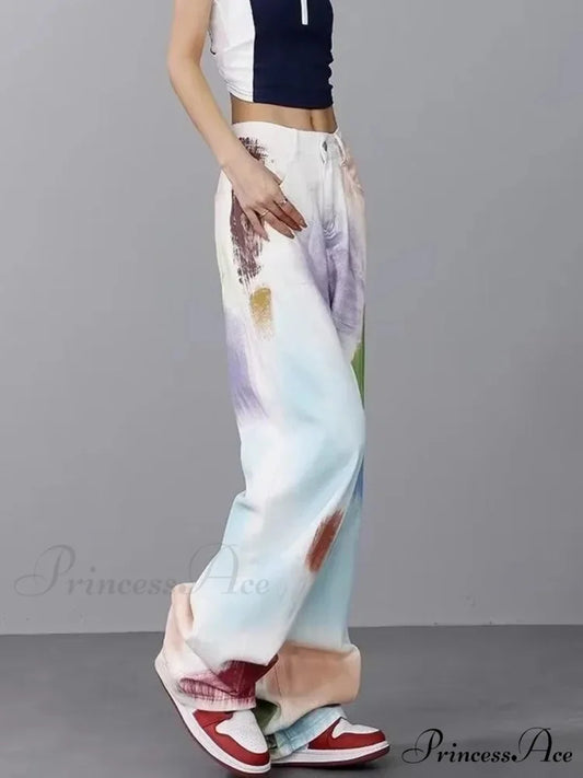 Personalized Graffiti High Waist Slim Hand-painted Painted Trendy Loose Straight Wide Leg Casual Jean