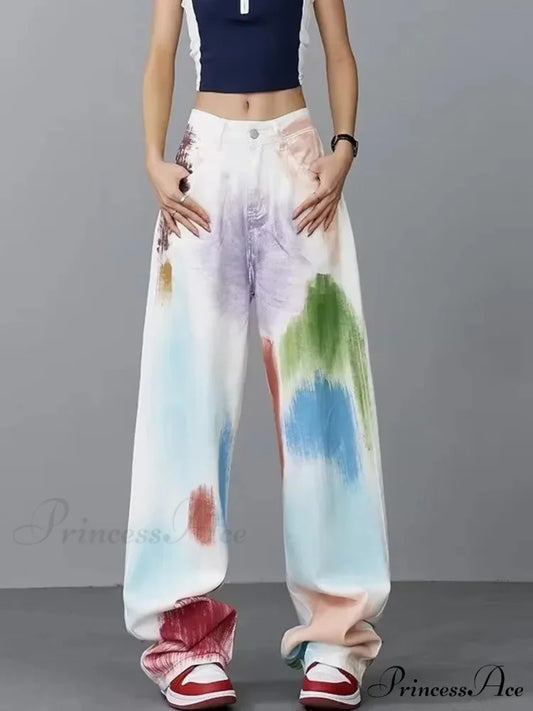 Personalized Graffiti High Waist Slim Hand-painted Painted Trendy Loose Straight Wide Leg Casual Jean White / S