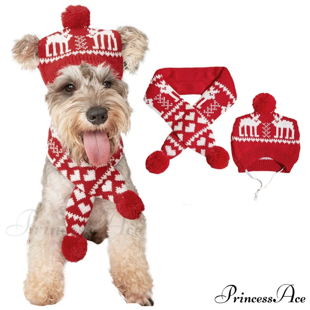 Pet Cat Dog Knitting Scarf Hat Set Double deer scarf hat set / S