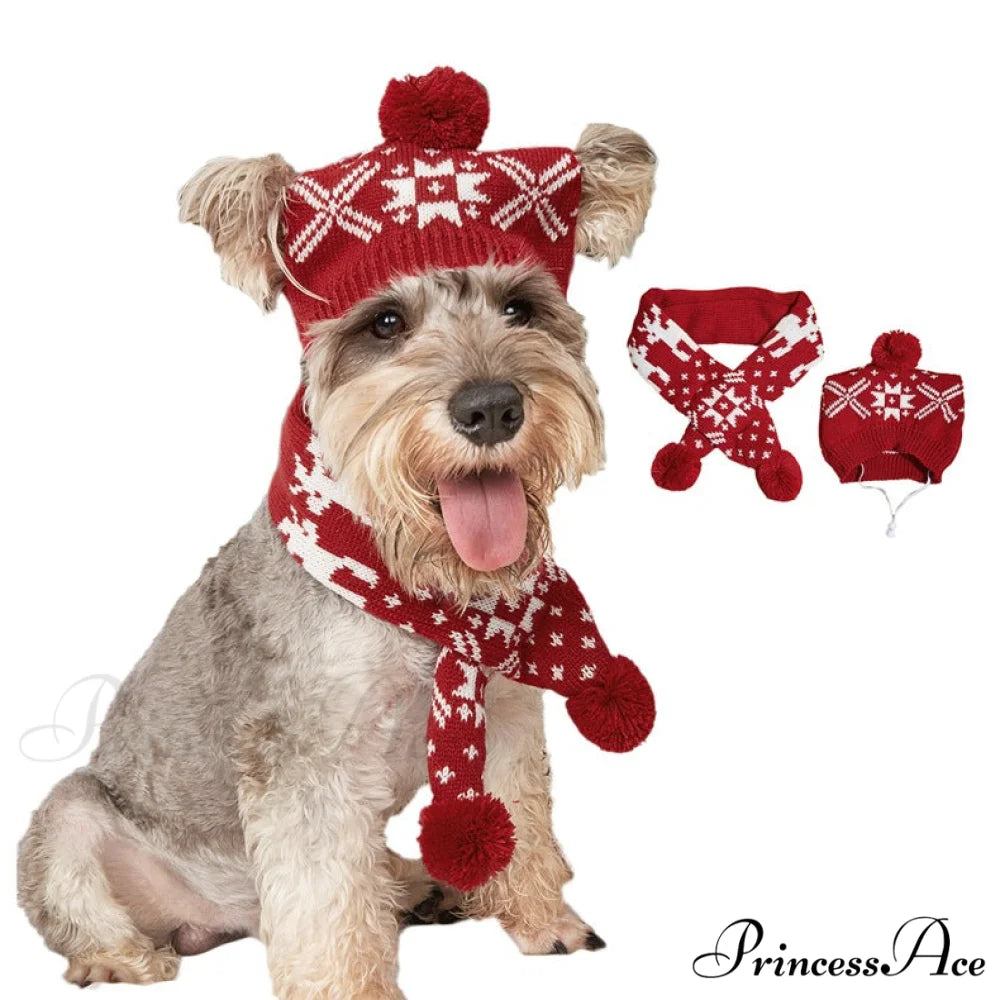 Pet Cat Dog Knitting Scarf Hat Set Snowflake scarf hat set / S