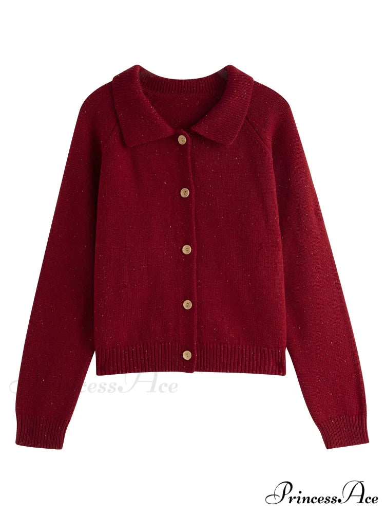 Petite Retro Lapel Knit Cardigan for Early Autumn Red Christmas Sweater Red / XS